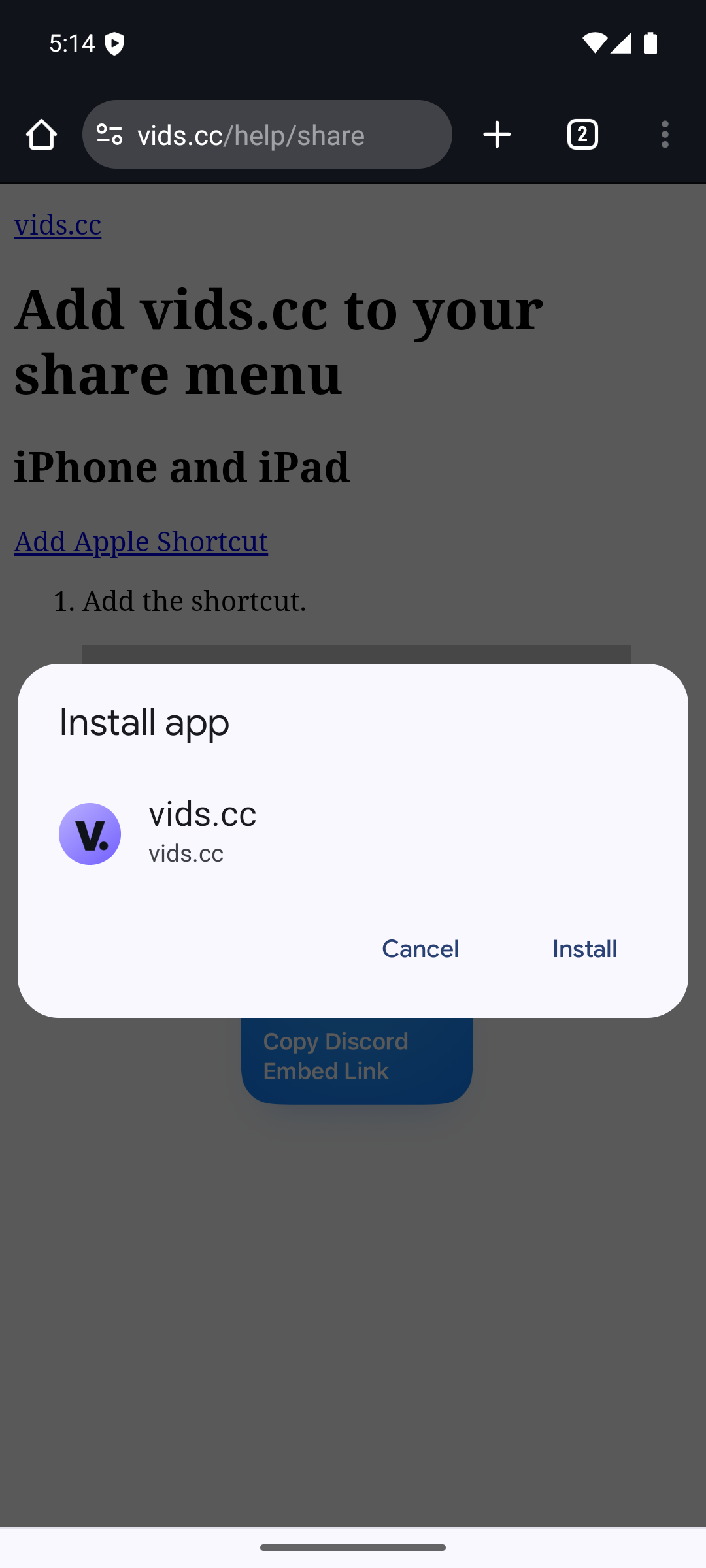 Android install prompt for vids.cc