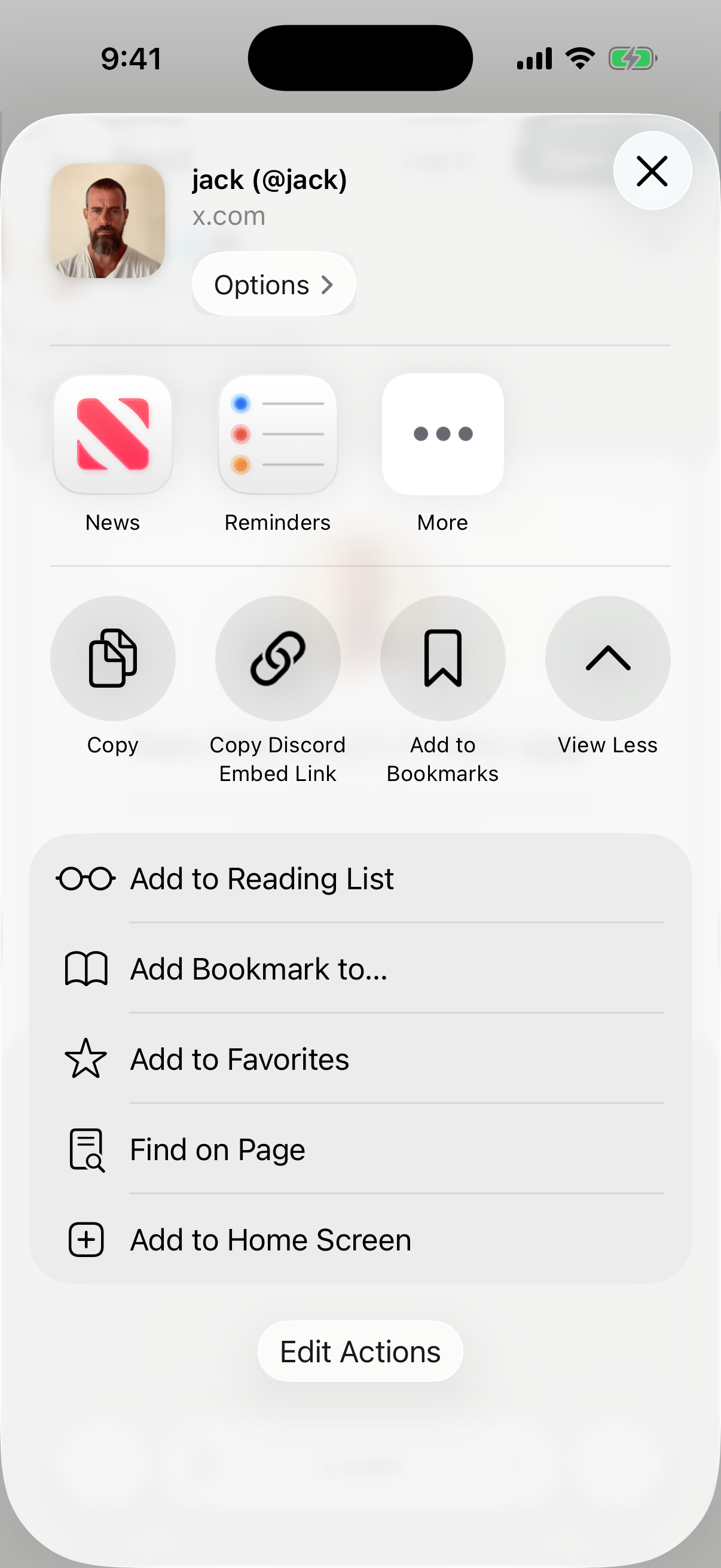 Pinned Copy Discord Embed Link action in the iPhone Share Sheet